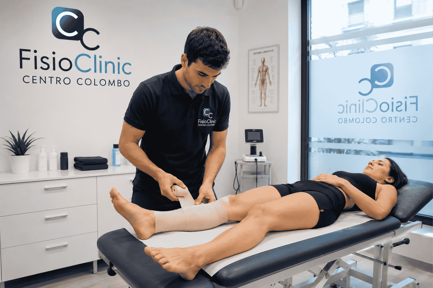 Fisioterapista della FisioClinic Centro Colombo Genova mentre applica un bendaggio elastocompressivo alla gamba di una paziente con linfedema durante un trattamento fisioterapico specialistico in ambulatorio per ridurre edema, migliorare il drenaggio linfatico e favorire il recupero funzionale.