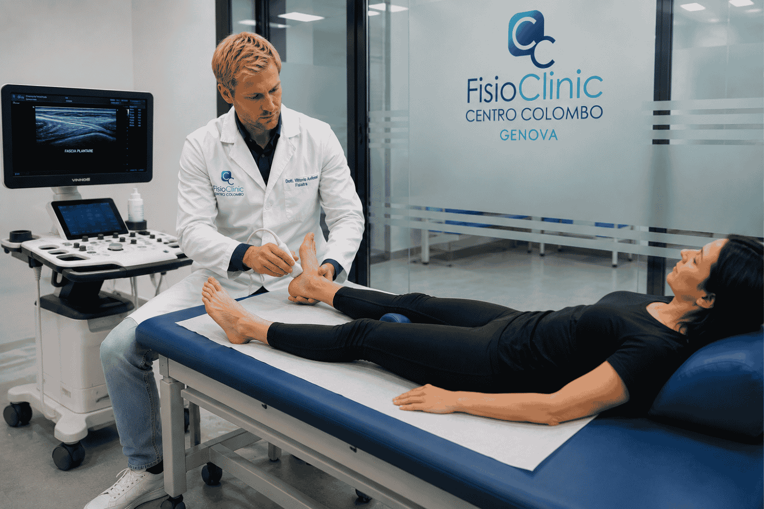 Il dott. Vittorio Anfossi, fisiatra della FisioClinic Centro Colombo di Genova, esegue un'ecografia della fascia plantare durante una visita fisiatrica specialistica a una paziente con dolore al piede, in un moderno ambulatorio con logo FisioClinic sullo sfondo.