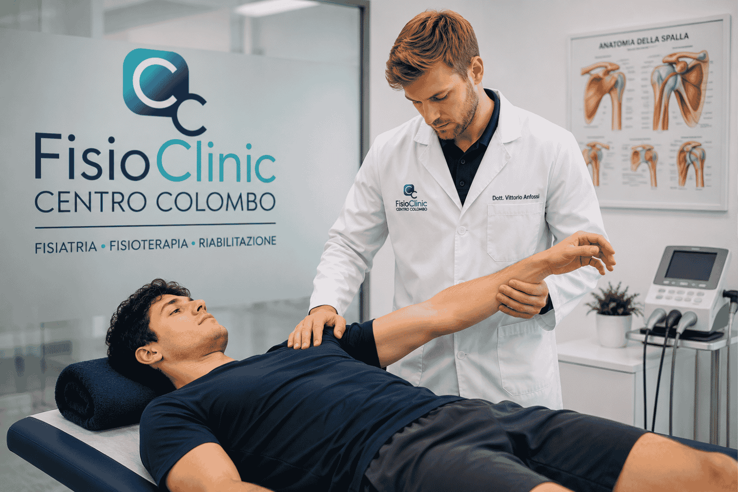 Il Dott. Vittorio Anfossi, fisiatra della FisioClinic Centro Colombo Genova, esegue una visita specialistica della spalla su un giovane paziente con dolore e limitazione dei movimenti compatibili con capsulite adesiva (Frozen Shoulder), durante una valutazione fisiatrica personalizzata in ambulatorio.