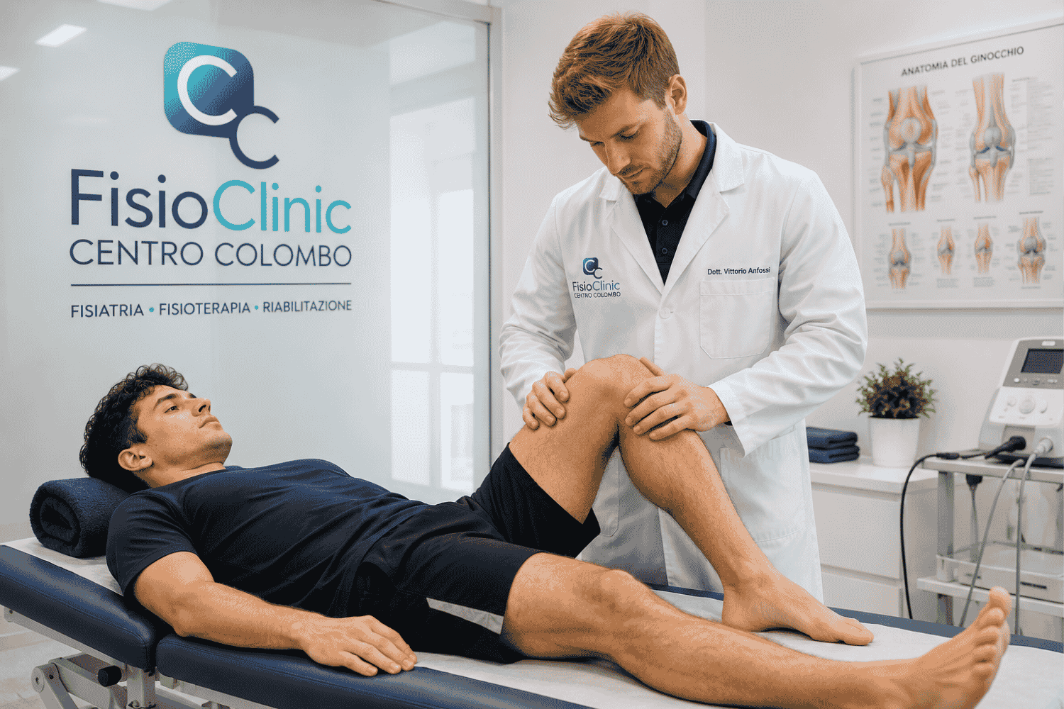 Il fisiatra Dott. Vittorio Anfossi della FisioClinic Centro Colombo Genova esegue una visita specialistica del ginocchio su un giovane paziente con sospetta o pregressa lesione del legamento crociato anteriore (LCA), durante una valutazione fisiatrica in ambulatorio finalizzata alla diagnosi e alla pianificazione del percorso riabilitativo personalizzato.