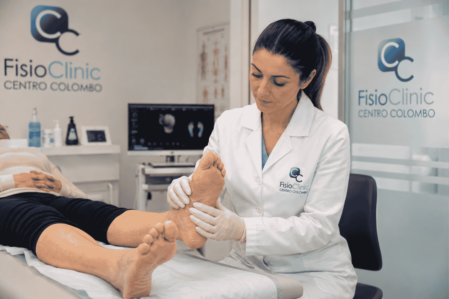 Podologa della FisioClinic Centro Colombo durante una visita specialistica a una paziente con piede diabetico in ambulatorio a Genova, con valutazione clinica del piede per la prevenzione di ulcere, infezioni e complicanze del diabete