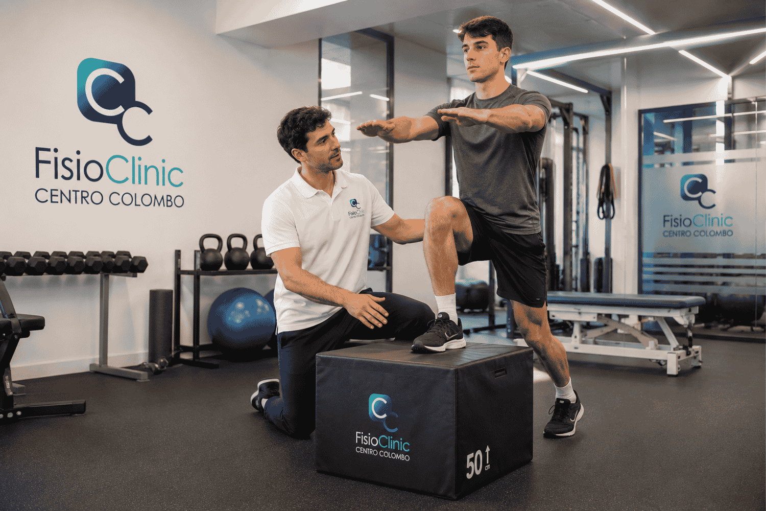 Fisioterapista della FisioClinic Centro Colombo segue un paziente durante esercizi terapeutici post infortunio su pliobox nella palestra riabilitativa del centro a Genova, con percorso personalizzato per recupero di forza, equilibrio e stabilità.