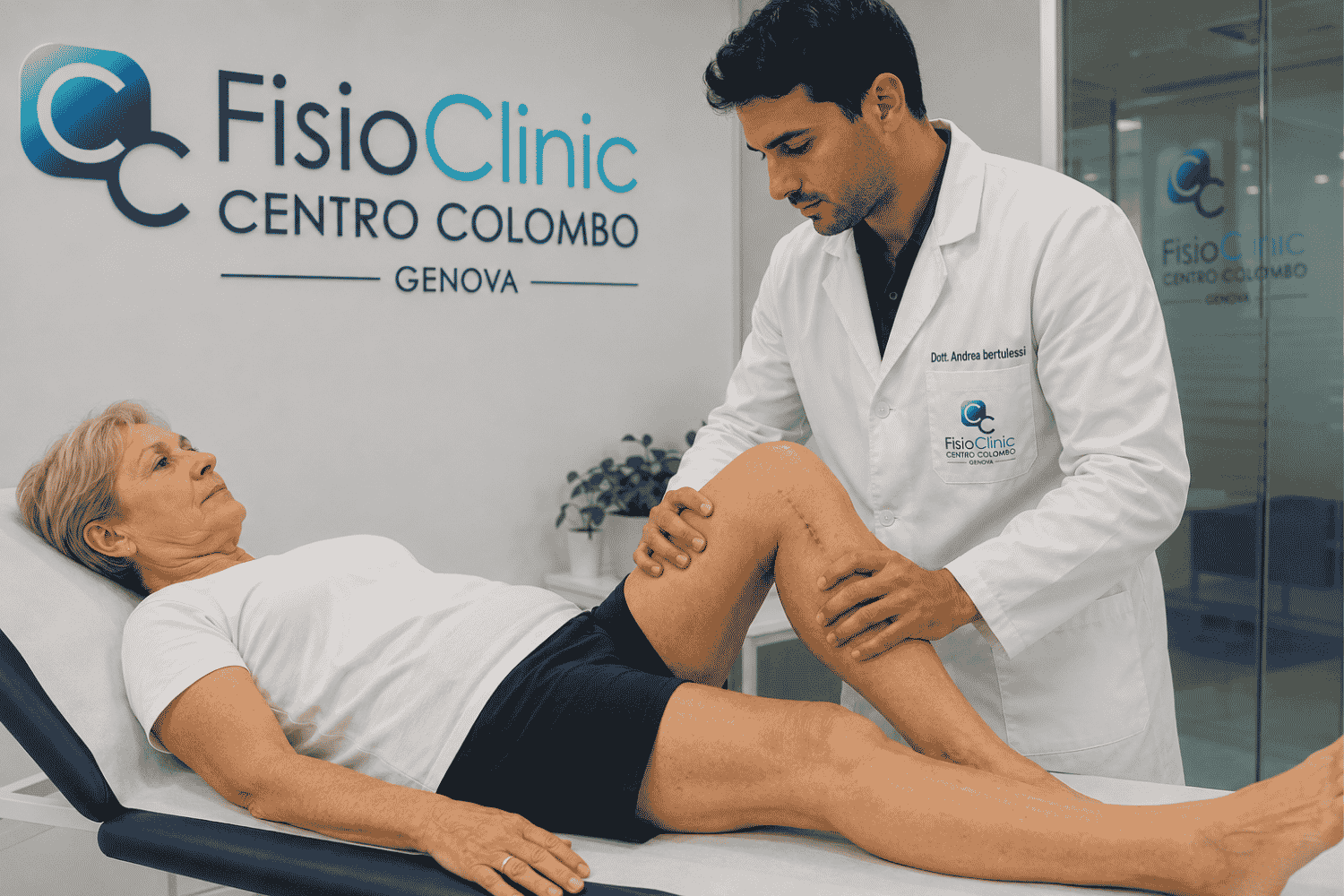 Giovane fisiatra della FisioClinic Centro Colombo di Genova mentre esegue una visita specialistica del ginocchio a una paziente di 65 anni sottoposta a intervento di protesi monocompartimentale. La valutazione clinica post-operatoria viene effettuata in ambulatorio per monitorare il recupero funzionale, la mobilità articolare e pianificare il percorso riabilitativo personalizzato.