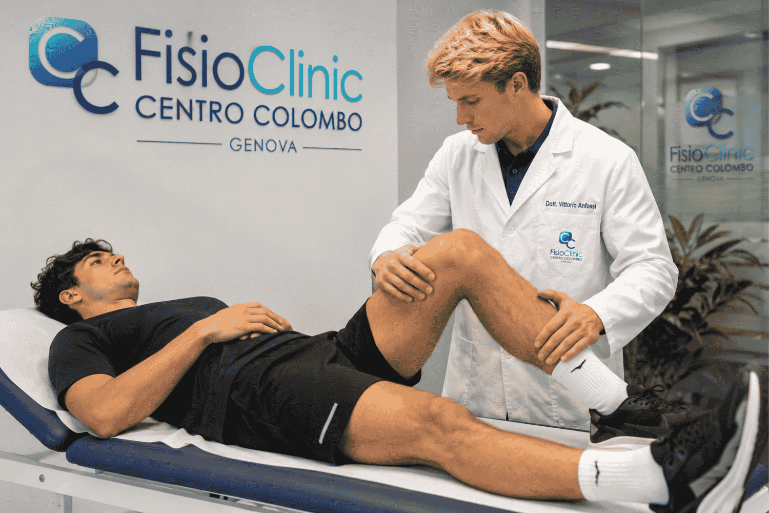 Fisiatra della FisioClinic Centro Colombo di Genova mentre esegue la valutazione clinica del ginocchio di un runner affetto da sindrome della bandelletta ileo-tibiale durante una visita specialistica in ambulatorio, finalizzata alla diagnosi del dolore laterale al ginocchio e alla pianificazione del percorso riabilitativo personalizzato.