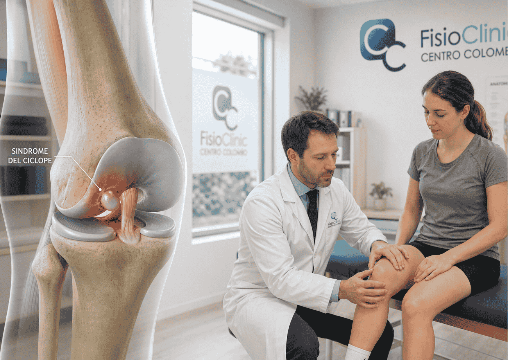 Fisiatra della FisioClinic Centro Colombo Genova visita il ginocchio di una paziente con sindrome del ciclope dopo ricostruzione del legamento crociato anteriore, con rappresentazione anatomica del nodulo fibroso e limitazione dell’estensione