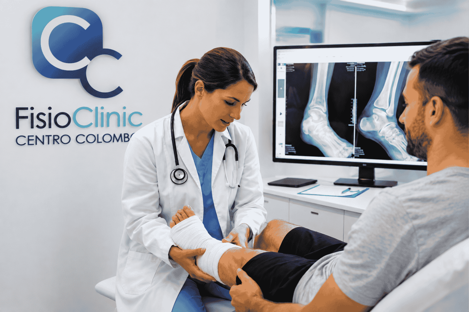 Fisiatra della FisioClinic a Genova visita la caviglia di un paziente con frattura dell’astragalo