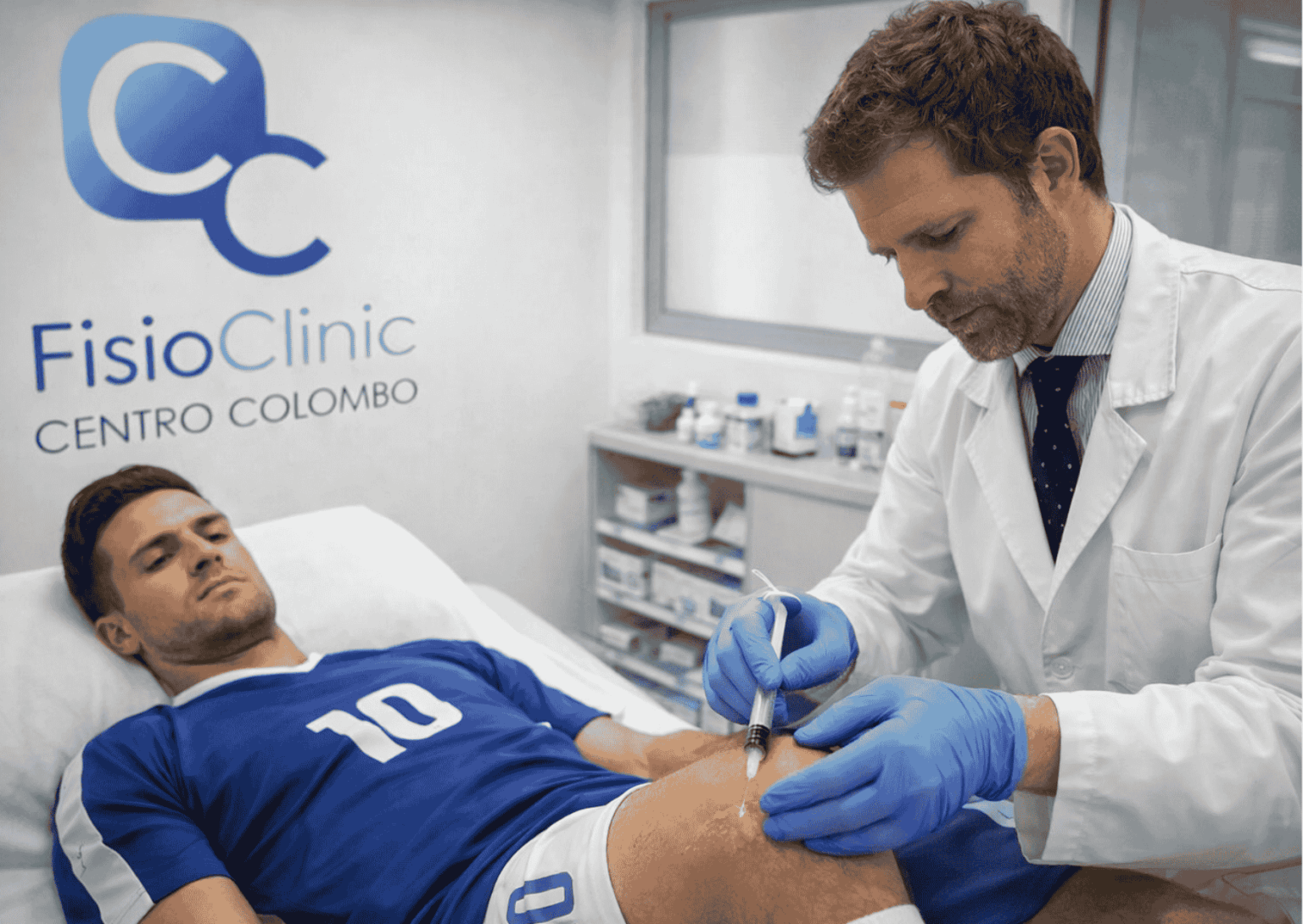 Fisiatra esegue artrocentesi al ginocchio di un paziente sportivo presso FisioClinic Centro Colombo Genova