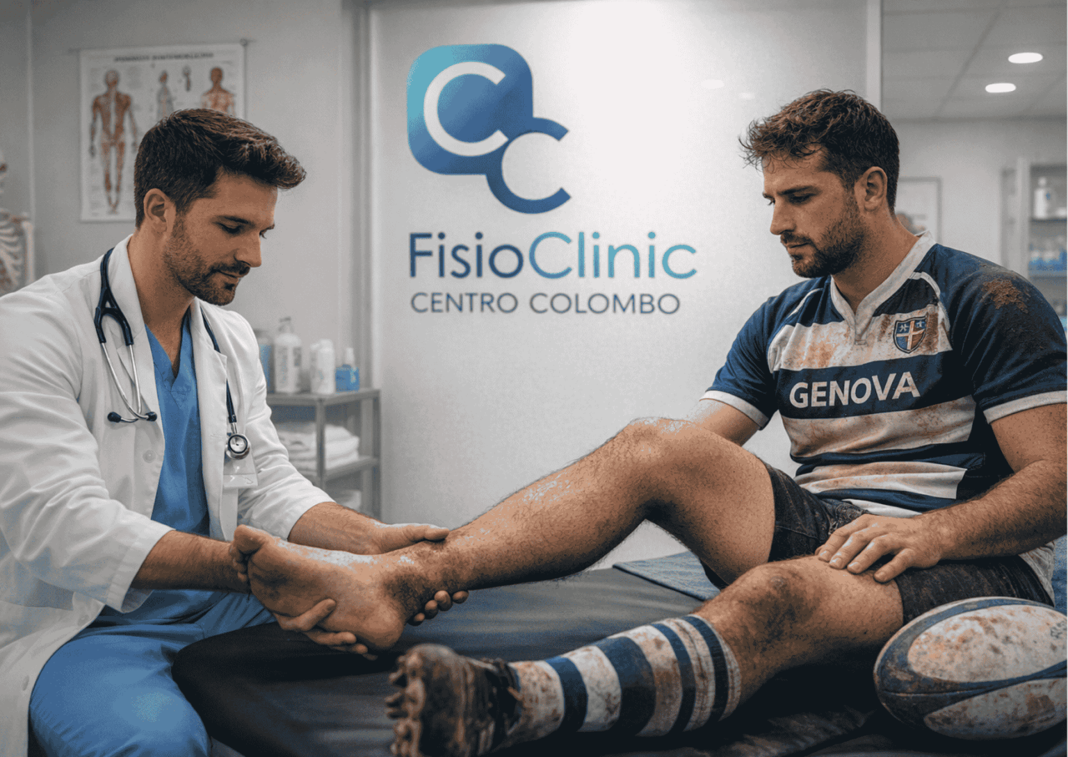 Fisiatra visita caviglia gonfia e traumatizzata di giocatore di rugby dopo distorsione presso FisioClinic Genova