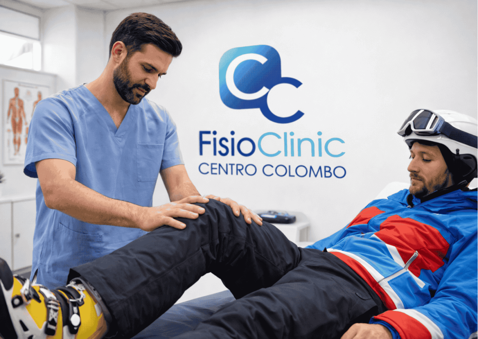 Fisiatra valuta ginocchio di sciatore con distorsione dopo trauma sugli sci presso FisioClinic Genova