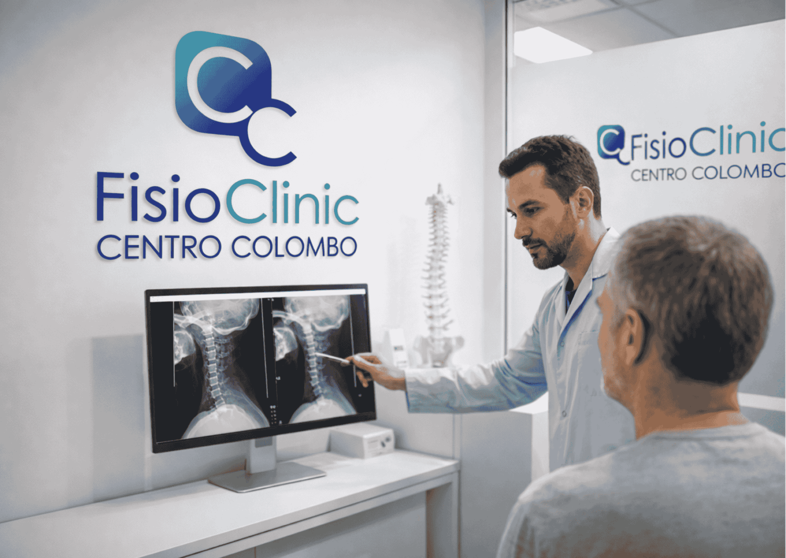 Fisiatra mostra radiografia cervicale rettilineizzata a paziente con dolore al collo presso FisioClinic Genova