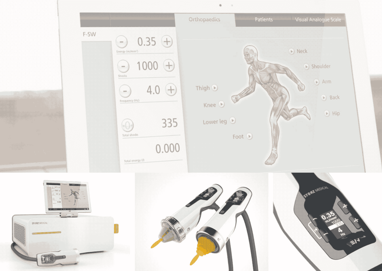 Sistema per onde d’urto focali DUOLITH SD1 T-TOP ultra con touchscreen e manipoli Storz Medical, utilizzato in fisioterapia per il trattamento di tendinopatie e dolore muscoloscheletrico presso FisioClinic Centro Colombo Genova.