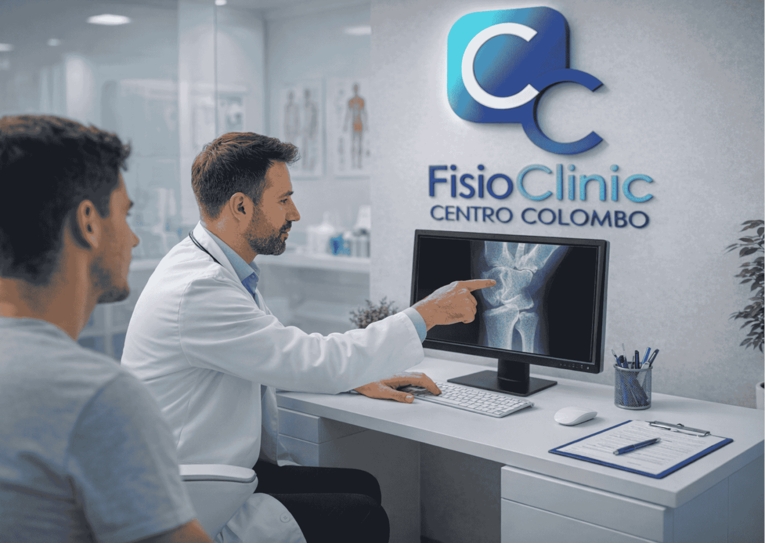 L'ortopedico dott. Alessandro Grondona della FisioCLinic che mostra ad un paziente, le radiografie con presenza di frattura dell'epifisi distale del radio