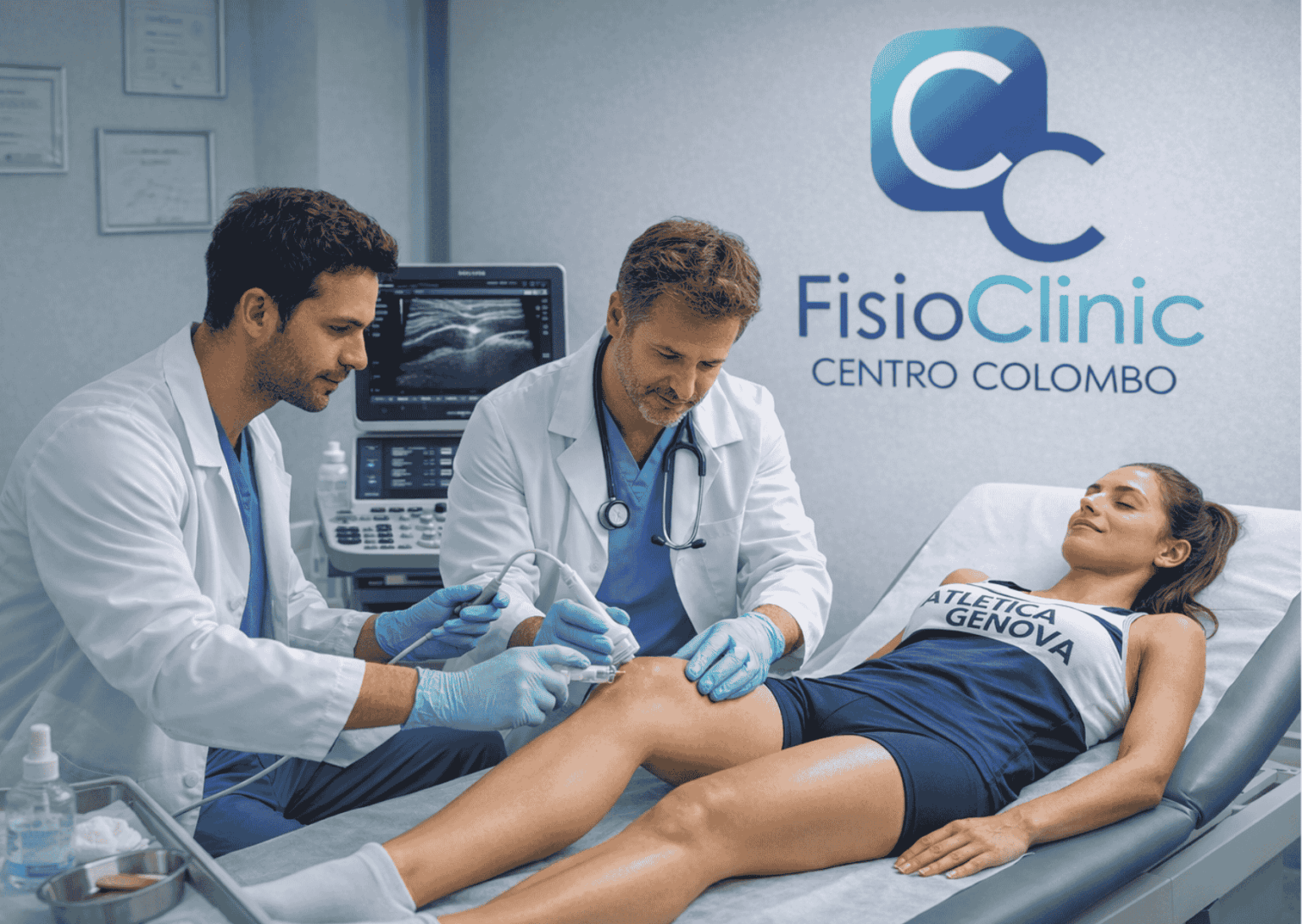 Due fisiatri della FisioClinic Centro Colombo Genova mentre eseguono un’infiltrazione ecoguidata al ginocchio di una paziente sportiva sdraiata sul lettino medico in ambulatorio specialistico.