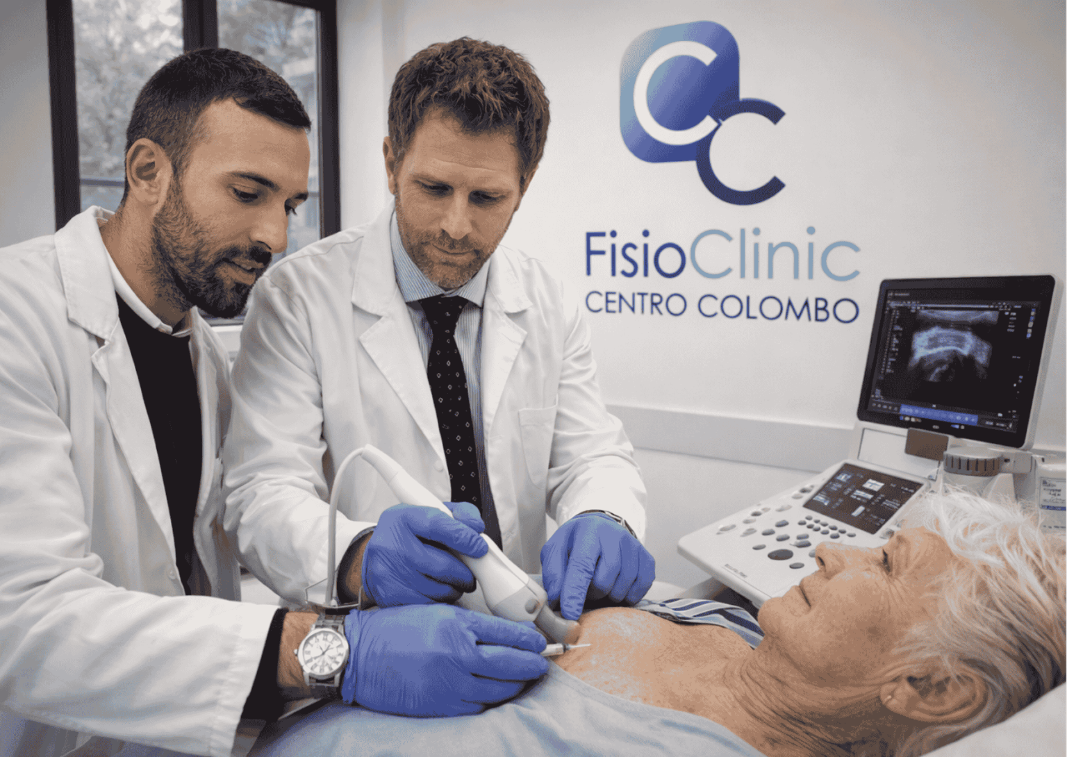 Fisiatri eseguono infiltrazione ecoguidata alla spalla su paziente presso FisioClinic Centro Colombo Genova con guida ecografica