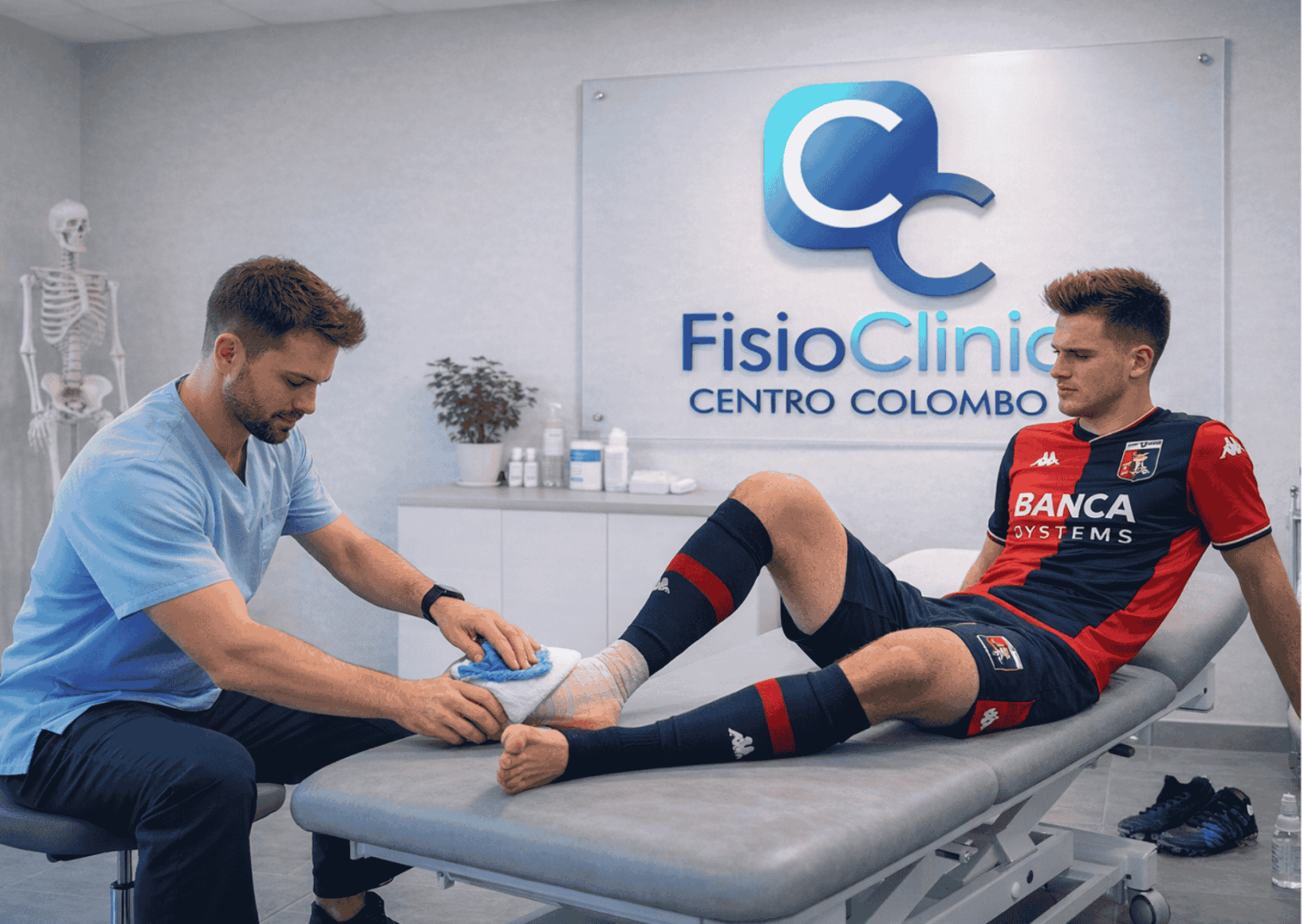 Fisiatra visita ginocchio di calciatore con infortunio ai legamenti presso FisioClinic Genova