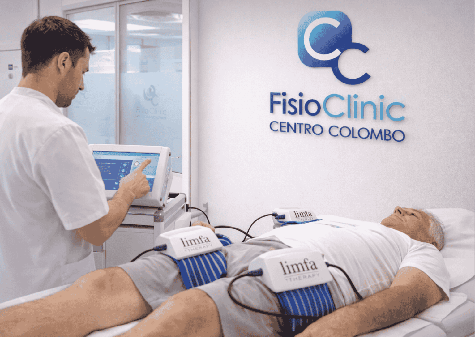Fisioterapista esegue Limfa Therapy con biorisonanza magnetica su paziente presso FisioClinic Genova