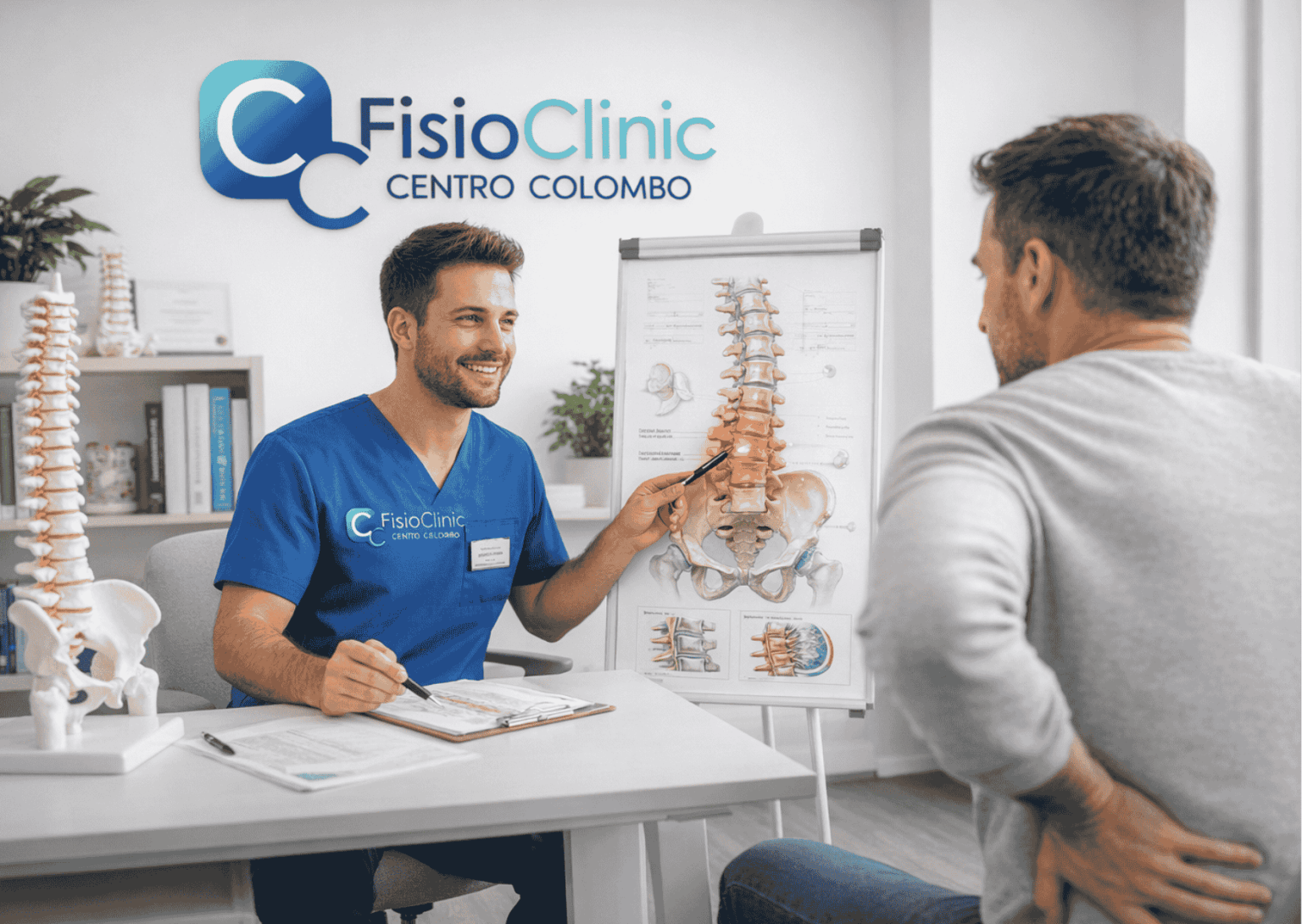 Fisioterapista spiega la lombalgia a paziente con dolore lombare presso FisioClinic Genova