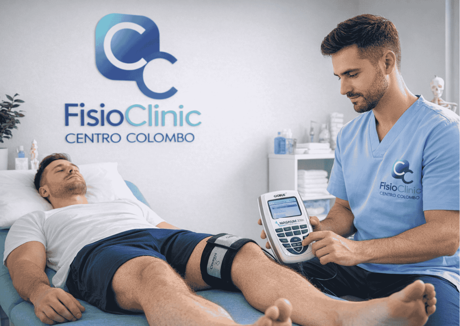 Fisioterapista esegue magnetoterapia CEMP con dispositivo professionale su ginocchio di paziente presso FisioClinic Centro Colombo Genova