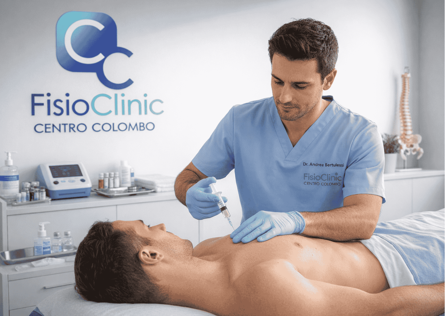 Fisiatra esegue mesoterapia per dolore muscolare su paziente presso FisioClinic Centro Colombo Genova