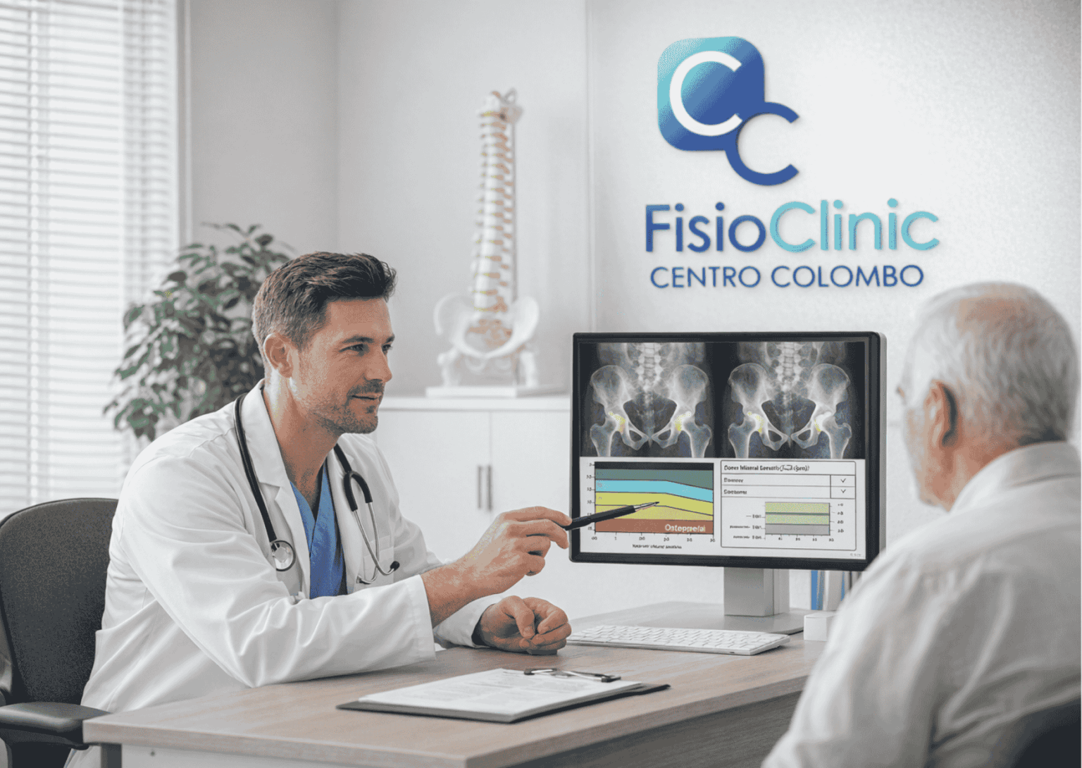 Fisiatra mostra risultato MOC alle anche a paziente con osteopenia presso FisioClinic Genova