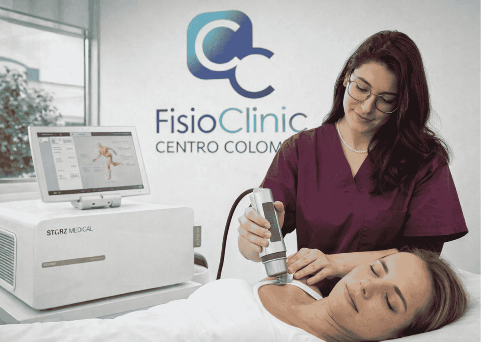 Fisioterapista esegue onde d’urto focali Storz Medical alla spalla di una paziente presso FisioClinic Centro Colombo Genova
