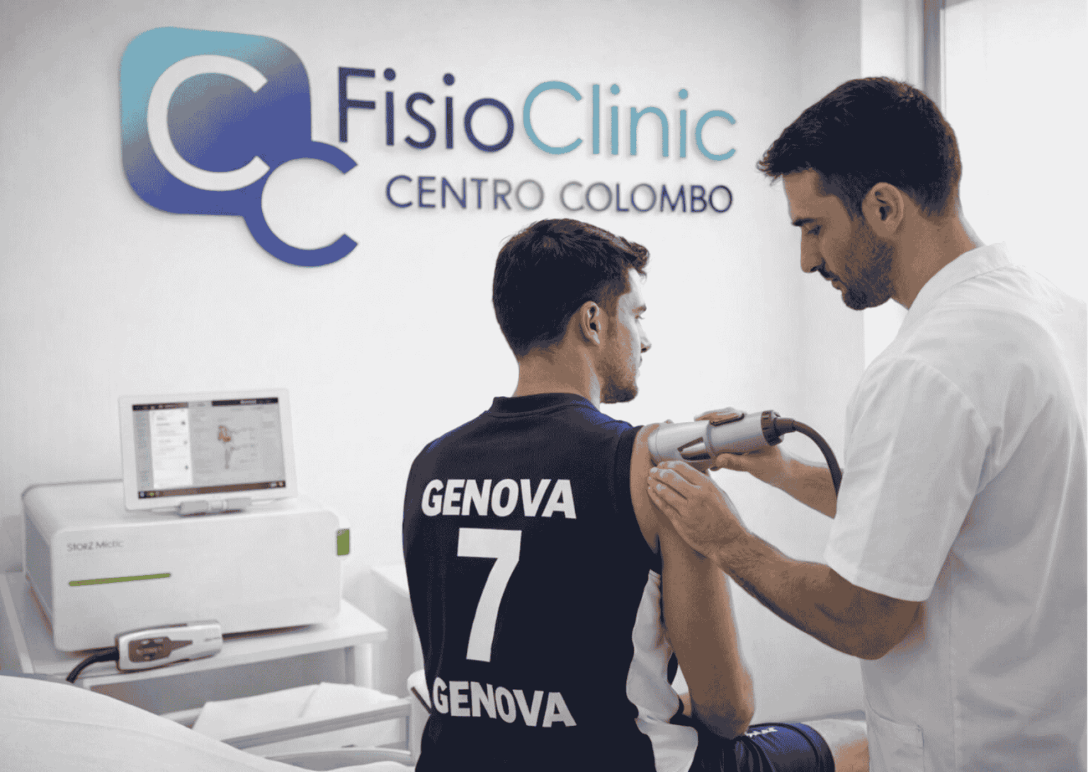 Trattamento con onde d’urto focali Storz Medical alla spalla per tendinopatia in atleta presso FisioClinic Genova