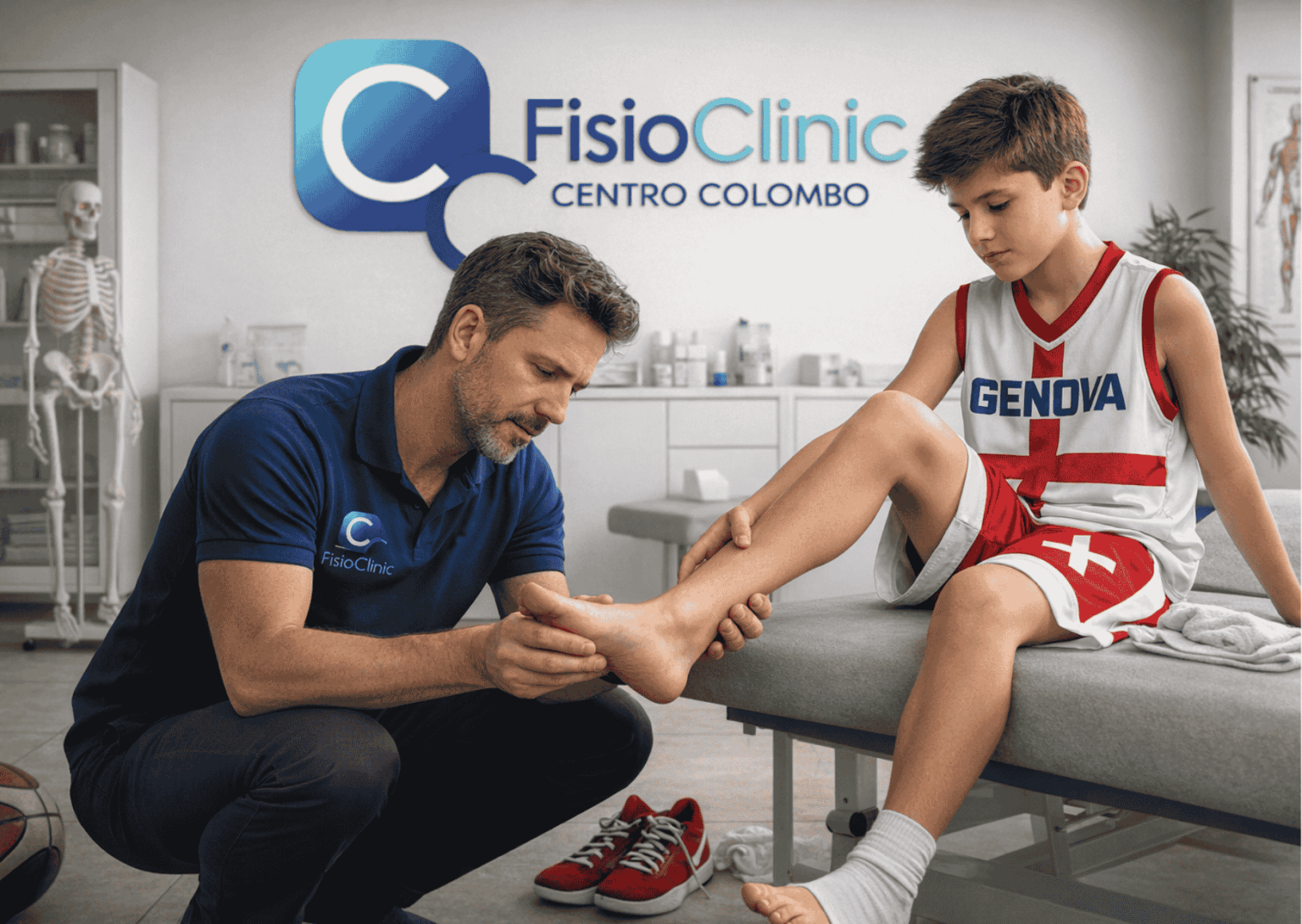Fisiatra visita bambino con osteocondrosi al tallone (malattia di Sever) durante controllo sportivo presso FisioClinic Genova