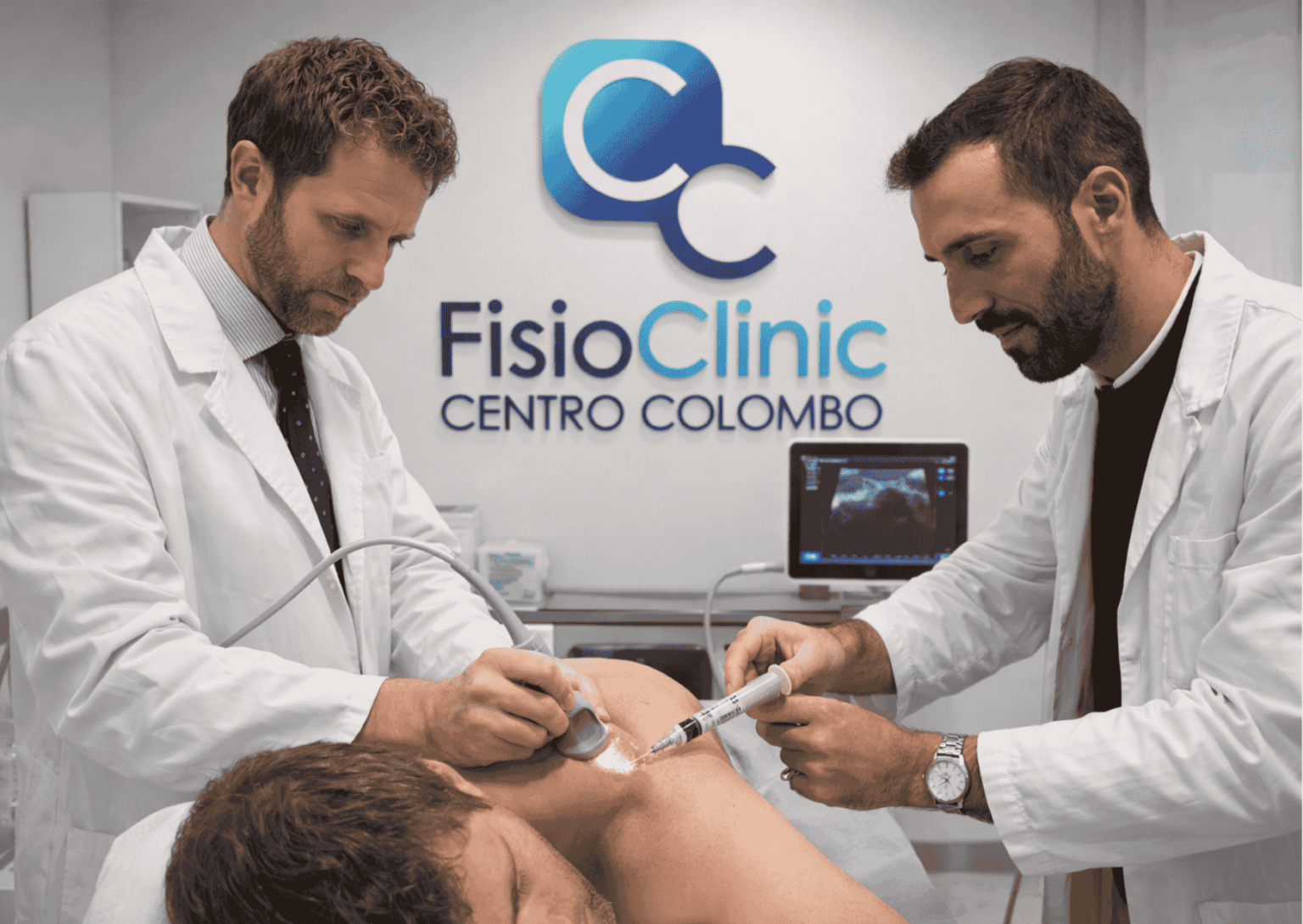 Fisiatri eseguono idrodistensione ecoguidata per capsulite adesiva della spalla presso FisioClinic Centro Colombo Genova