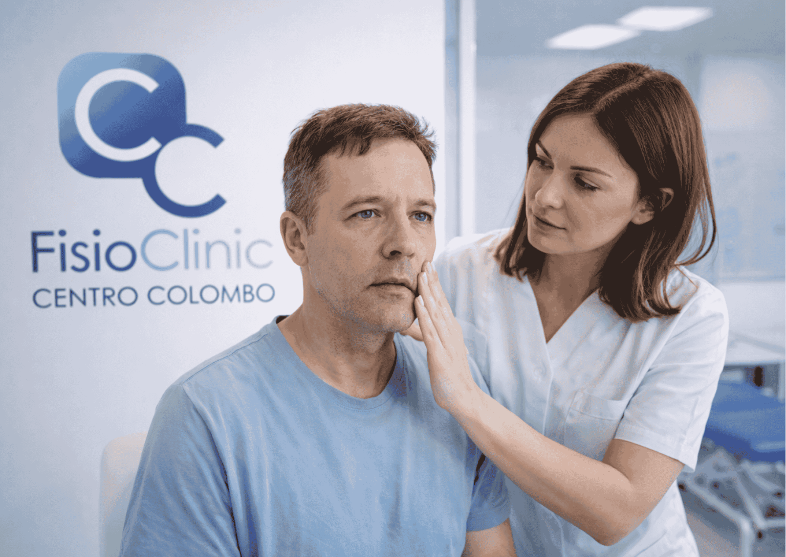 Fisioterapista esegue riabilitazione per paralisi facciale su paziente presso FisioClinic Genova