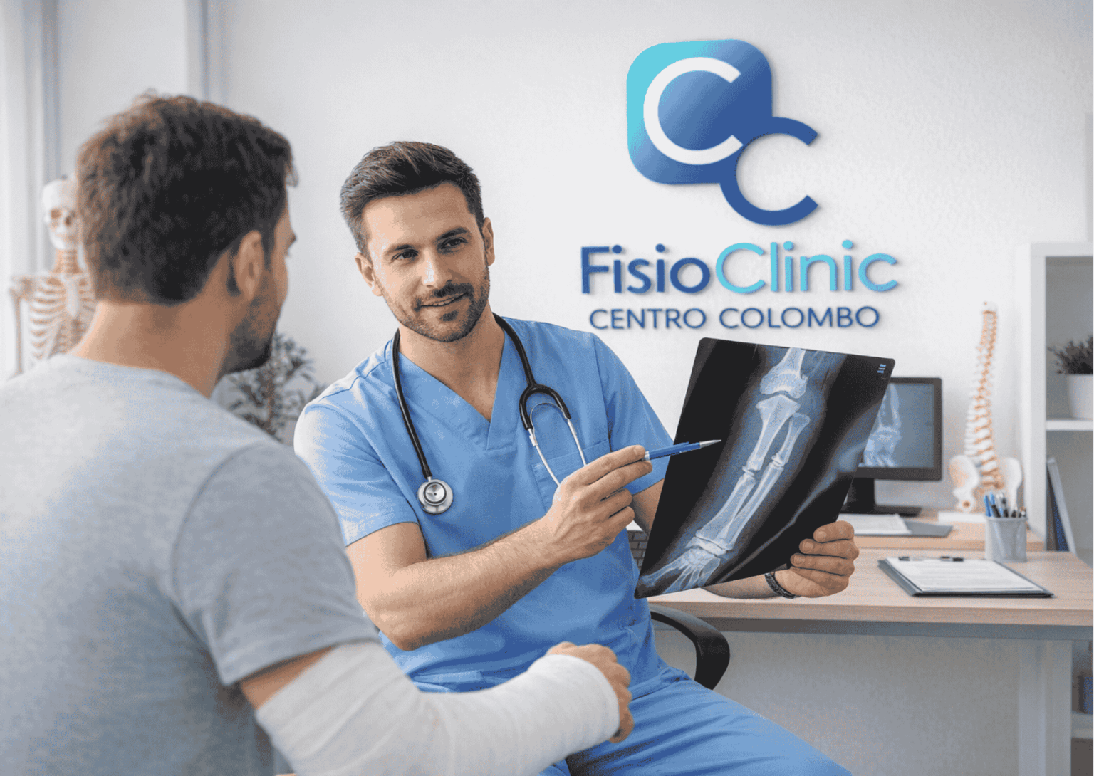 Fisiatra mostra radiografia di ritardo di consolidamento osseo a paziente presso FisioClinic Genova