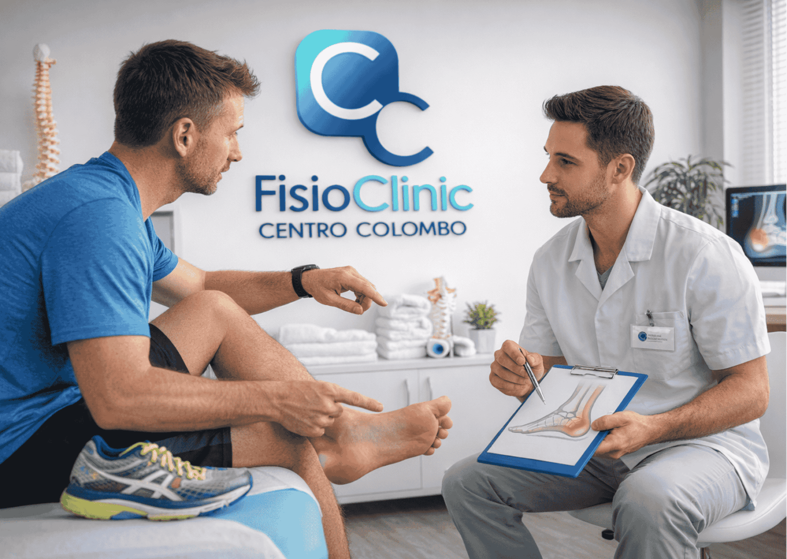 Fisiatra Vittorio Anfossi spiega la spina calcaneare a un paziente runner durante visita specialistica presso FisioClinic Centro Colombo Genova