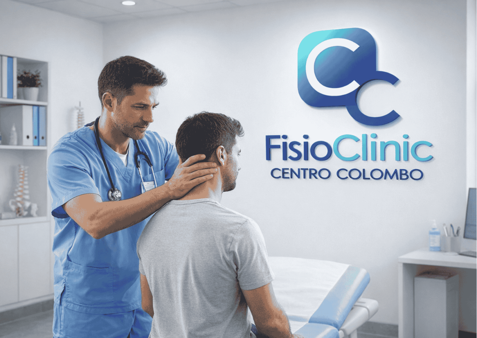Fisioterapista esegue valutazione cervicale su paziente con dolore al collo presso FisioClinic Genova