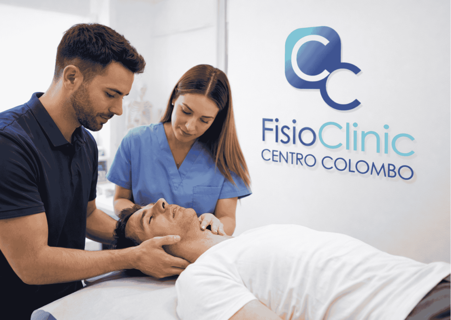 Fisioterapisti Andrea Secchi e Francesca Tofani eseguono manovre di riposizionamento per vertigine posizionale parossistica benigna presso FisioClinic Centro Colombo Genova