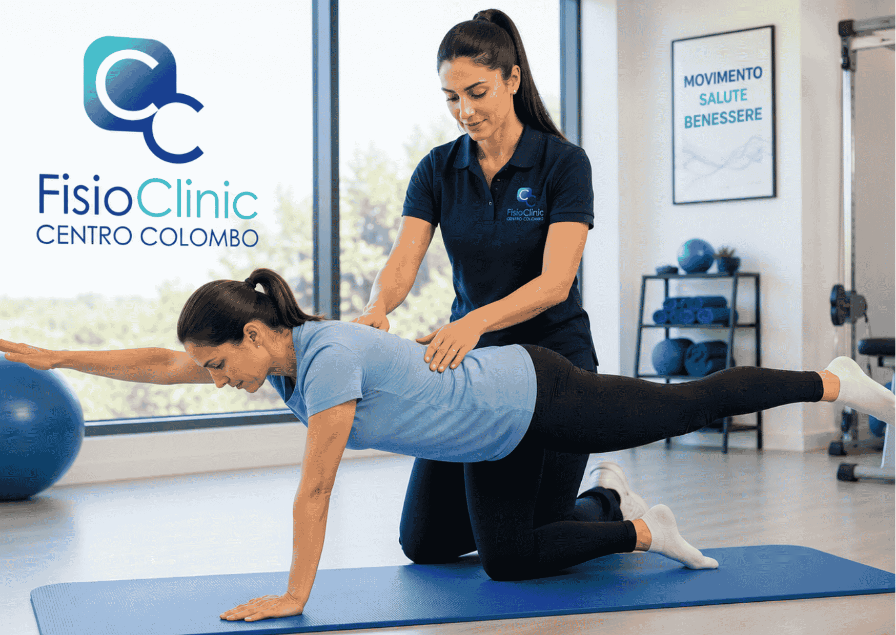 Fisioterapista della FisioClinic del Centro Colombo Genova mentre guida una paziente in esercizi terapeutici per la schiena nella palestra riabilitativa.