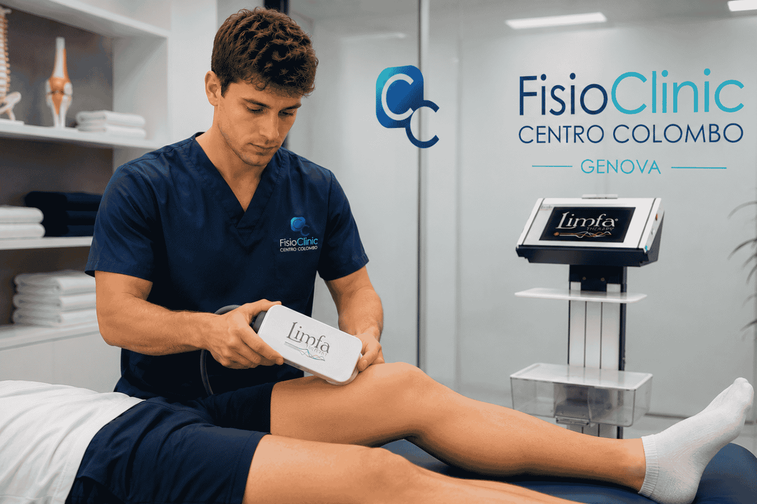 Fisioterapista della FisioClinic del Centro Colombo Genova mentre esegue una seduta di Limfa Therapy al ginocchio di un paziente, utilizzando la tecnologia a campi magnetici ultradeboli per il trattamento di infiammazione, dolore articolare, edema e recupero funzionale in ambulatorio fisioterapico specializzato a Genova.