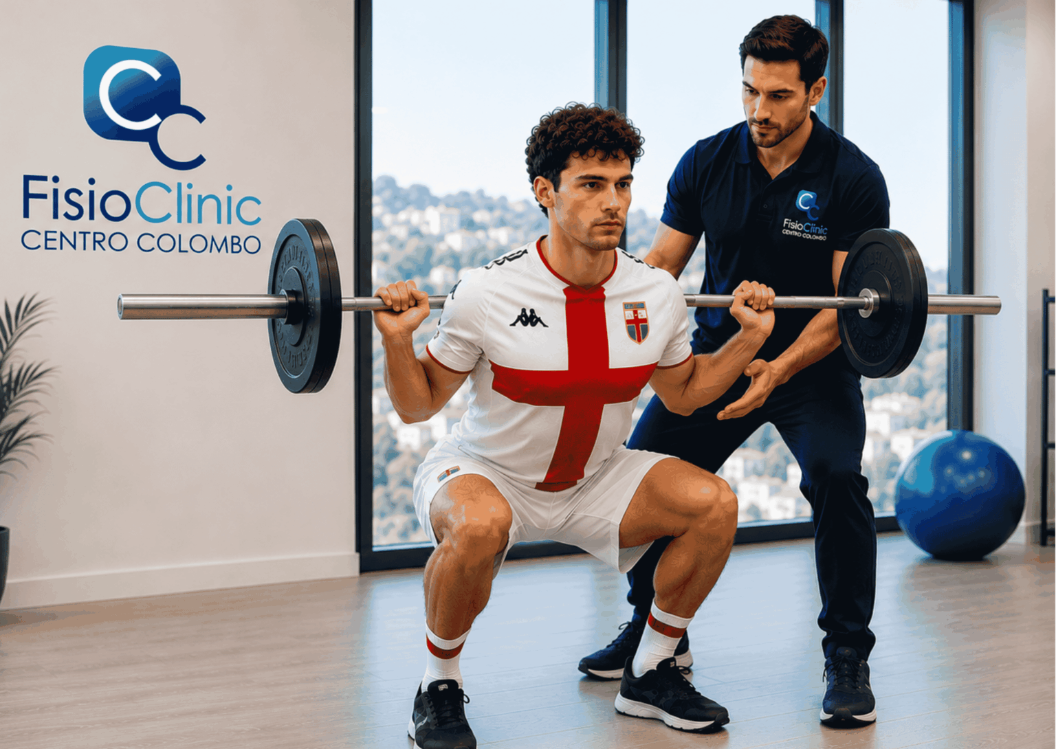 Immagine realistica in alta risoluzione ambientata nella palestra riabilitativa della FisioClinic Centro Colombo Genova. Un fisioterapista segue un giovane atleta durante un esercizio di squat con bilanciere finalizzato alla riabilitazione sportiva, al recupero del ginocchio e al miglioramento del controllo motorio. La scena professionale e luminosa comunica competenza, sicurezza e attenzione personalizzata nel percorso fisioterapico post infortunio. Ideale per contenuti SEO dedicati a fisioterapia sportiva, recupero atletico, esercizio terapeutico, riabilitazione del ginocchio e ritorno allo sport a Genova.