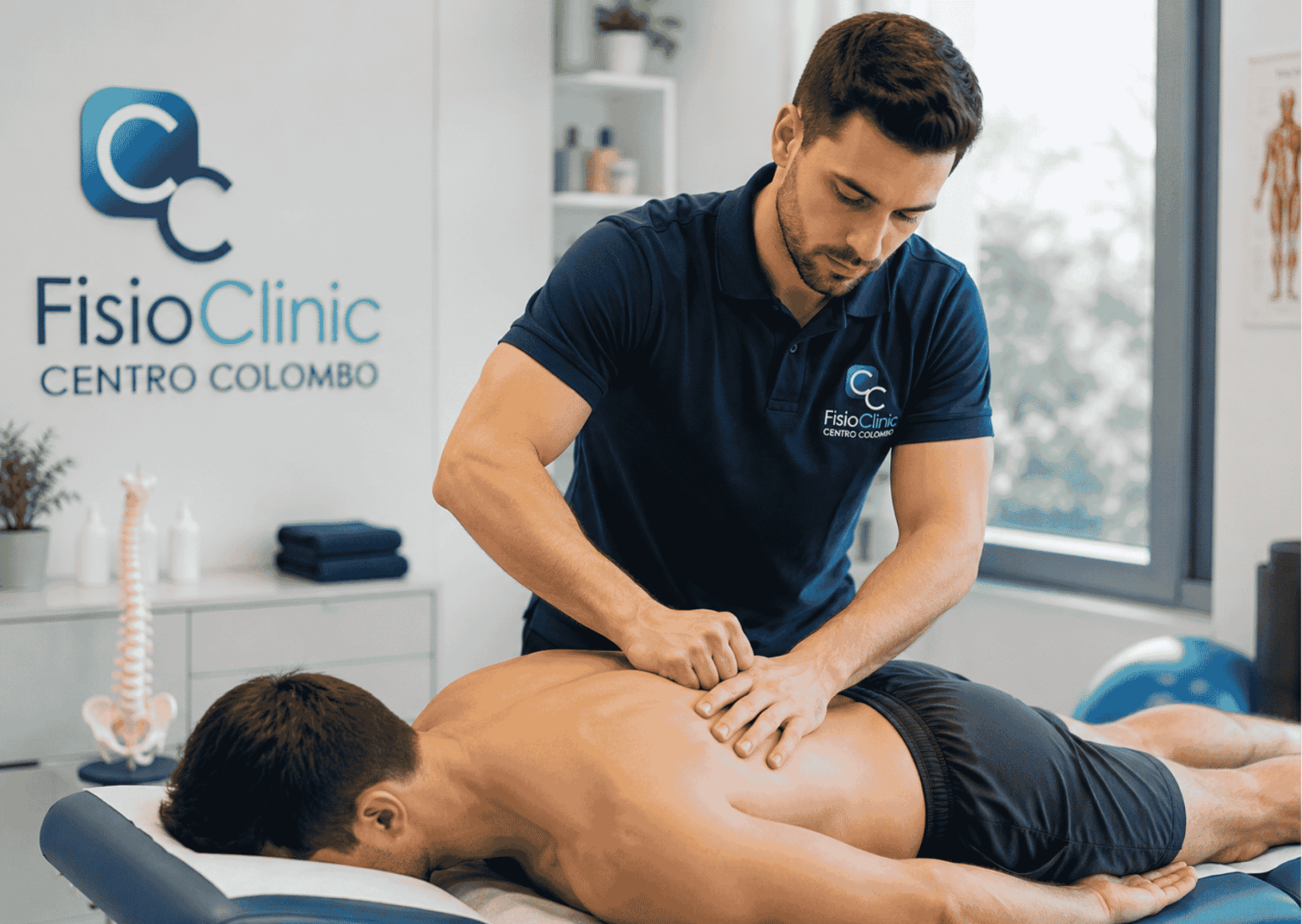 Fisioterapista della FisioClinic del Centro Colombo Genova mentre guida una paziente in esercizi terapeutici per la schiena nella palestra riabilitativa.