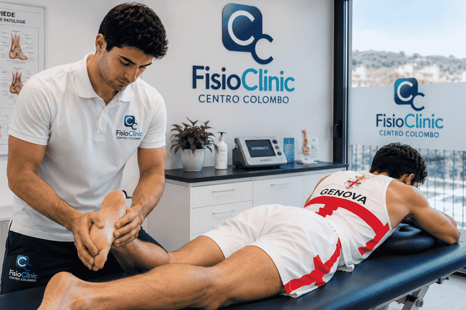 Fisioterapista della FisioClinic Centro Colombo Genova mentre esegue un trattamento manuale della fascite plantare su un atleta di atletica leggera di una società sportiva genovese, sdraiato sul lettino in ambulatorio. Terapia manuale del piede per dolore al tallone e fascite plantare presso centro di fisioterapia specializzato a Genova.