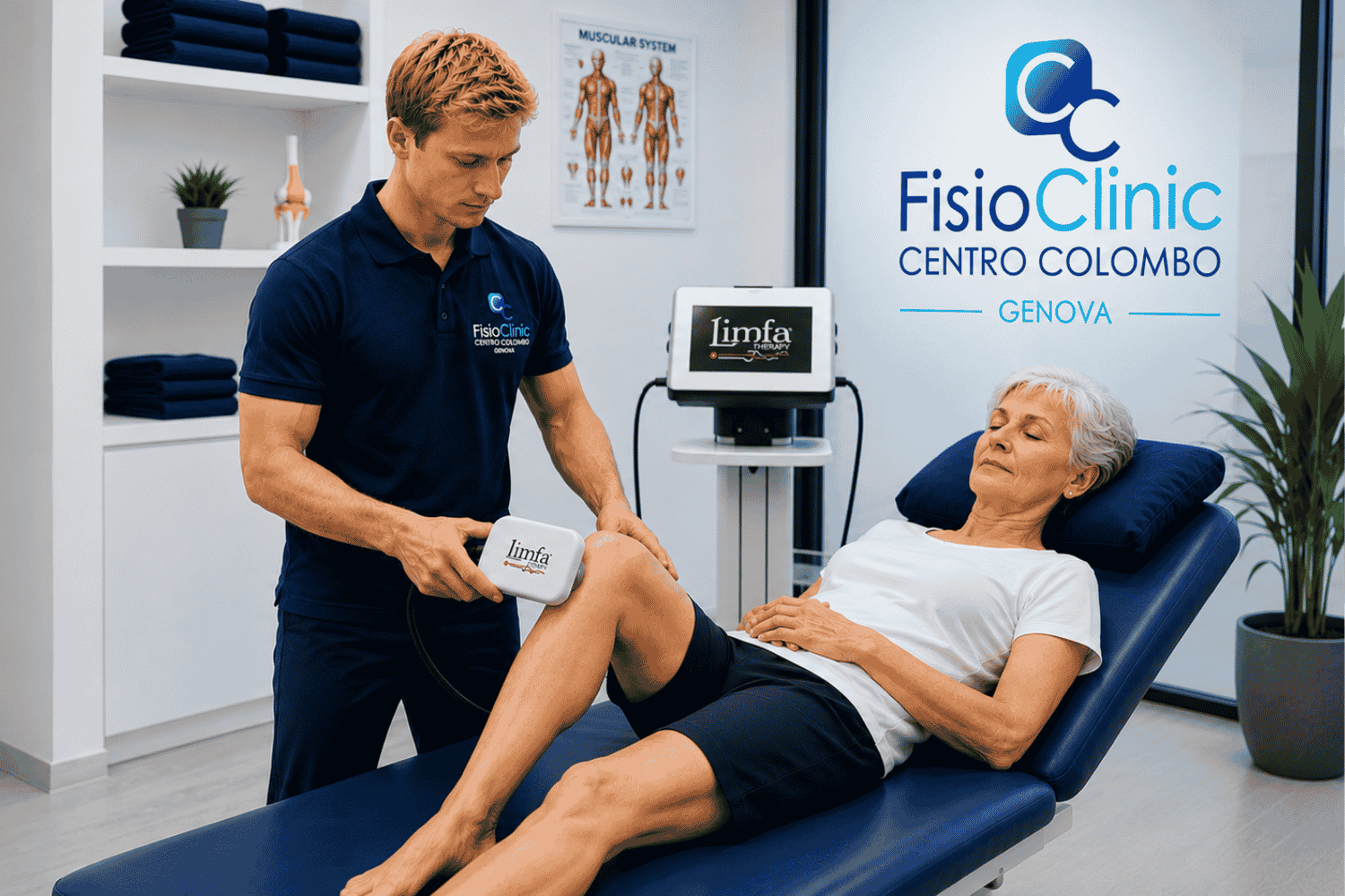 Fisioterapista della FisioClinic Centro Colombo Genova esegue una seduta di Limfa Therapy sul ginocchio di una paziente anziana con artrosi e cartilagine usurata per ridurre dolore, infiammazione e migliorare la funzionalità articolare.