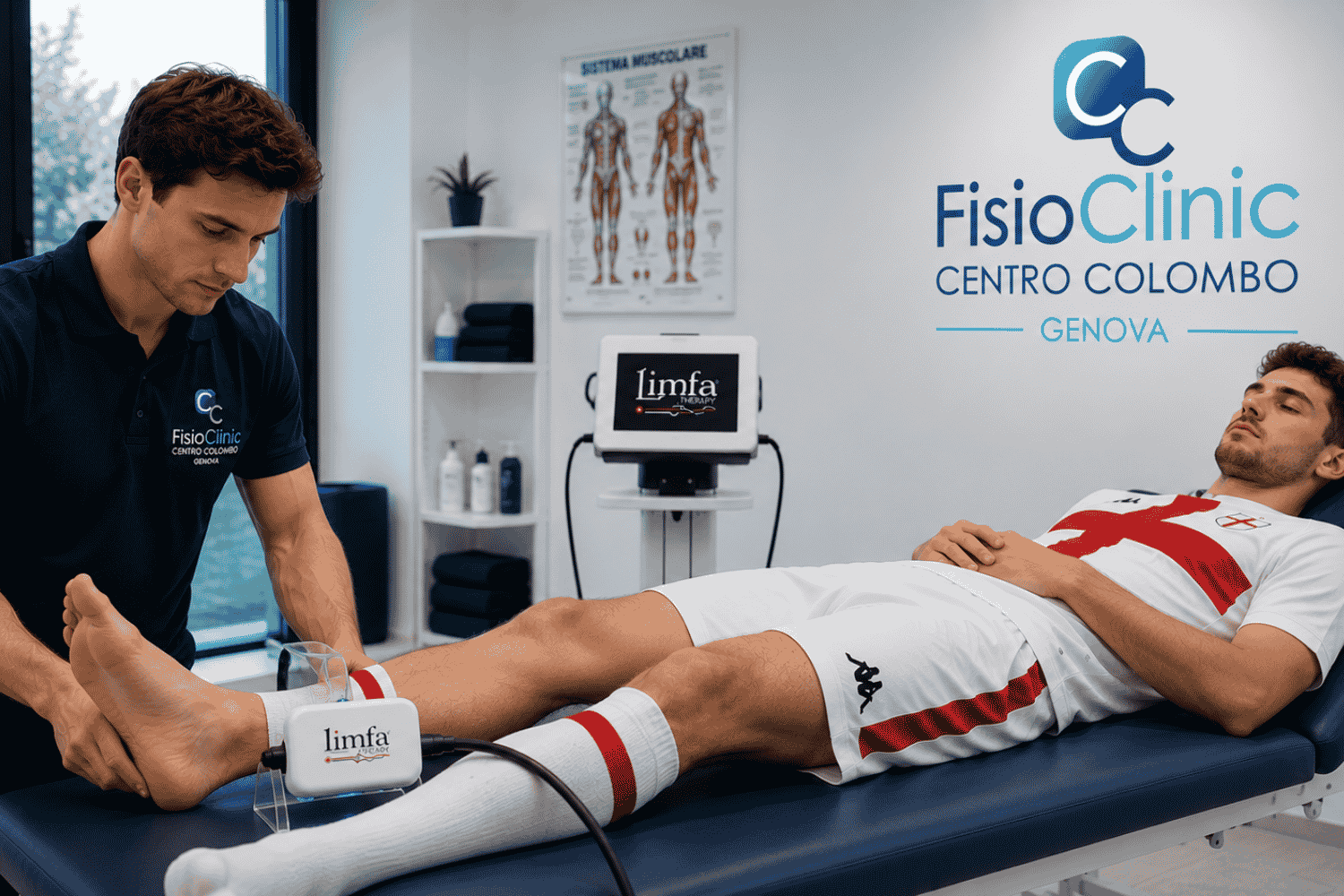 Fisioterapista della FisioClinic Centro Colombo Genova durante una seduta di Limfa Therapy per il trattamento di una distorsione di caviglia in un giovane calciatore. Il manipolo Limfa Therapy è posizionato sull’articolazione della caviglia mentre l’atleta è sdraiato sul lettino in un ambulatorio specialistico di fisioterapia sportiva a Genova.