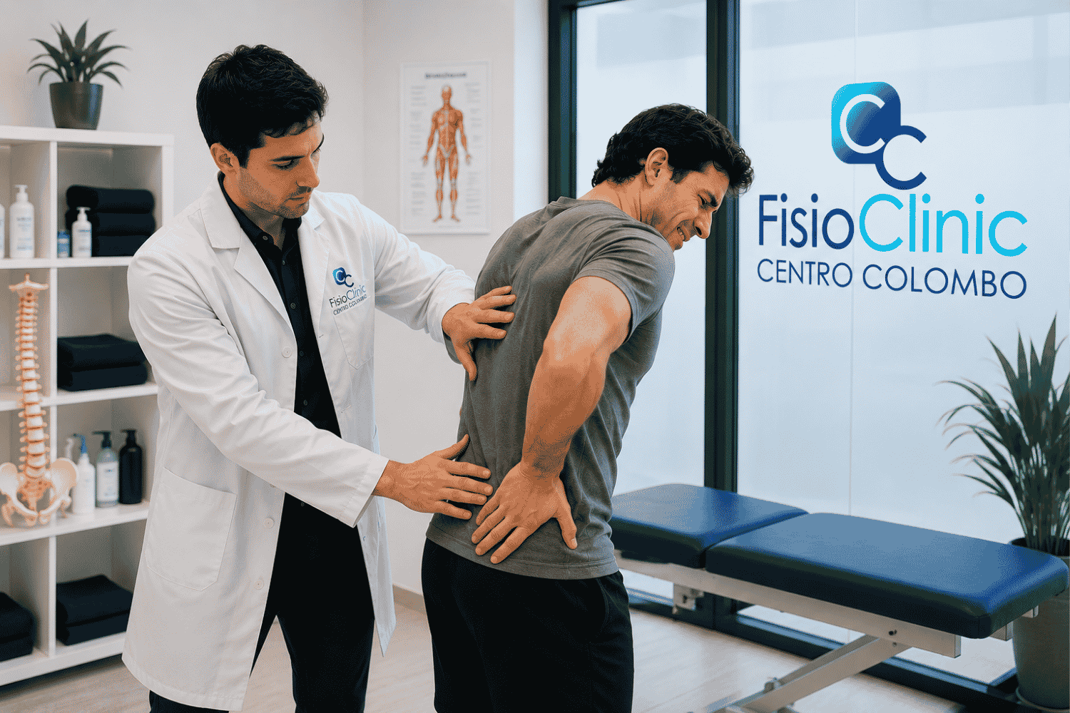 Visita fisiatrica per mal di schiena presso FisioClinic Centro Colombo Genova: fisiatra durante la valutazione clinica della colonna lombare di un paziente con lombalgia acuta in ambulatorio specialistico dedicato alla diagnosi e al trattamento del dolore vertebrale.