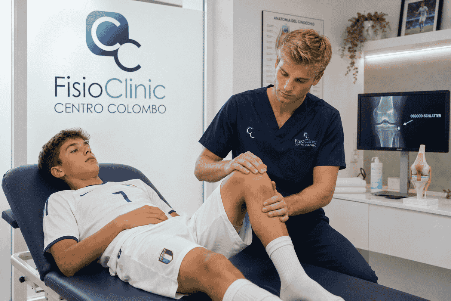 Fisiatra della FisioClinic – Centro Colombo di Genova mentre esegue una visita specialistica al ginocchio di un giovane calciatore con dolore causato dal Morbo di Osgood-Schlatter in un moderno ambulatorio medico dedicato alla medicina dello sport e alla riabilitazione.