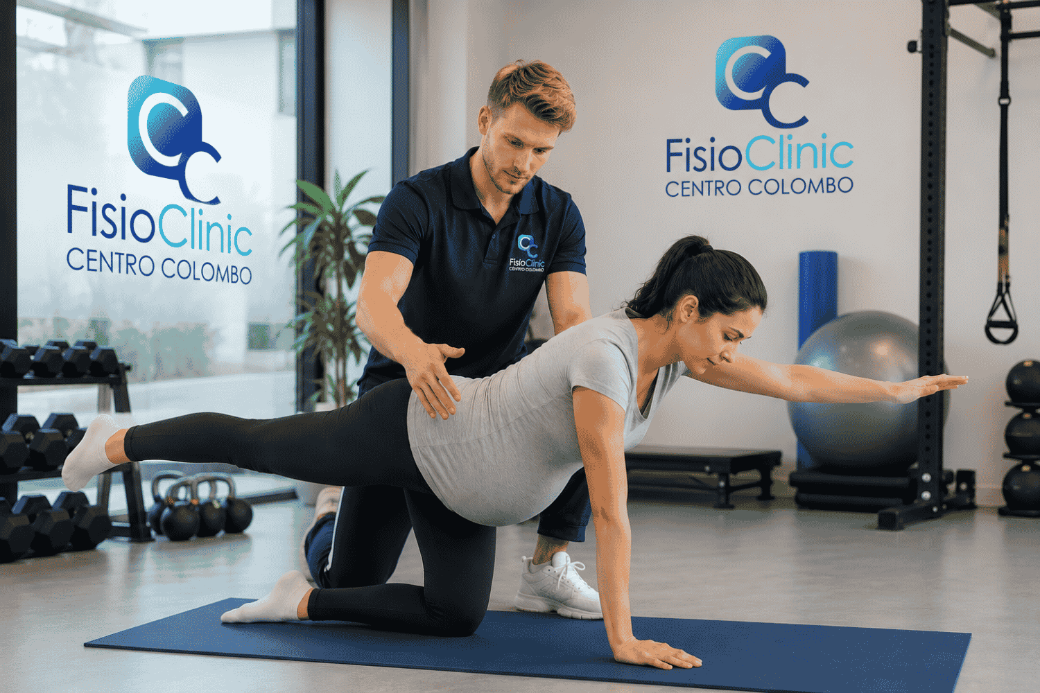 Fisioterapista della FisioClinic Centro Colombo Genova che supervisiona esercizi terapeutici di rinforzo della schiena per una donna in gravidanza affetta da lombalgia nella palestra riabilitativa del centro fisioterapico.