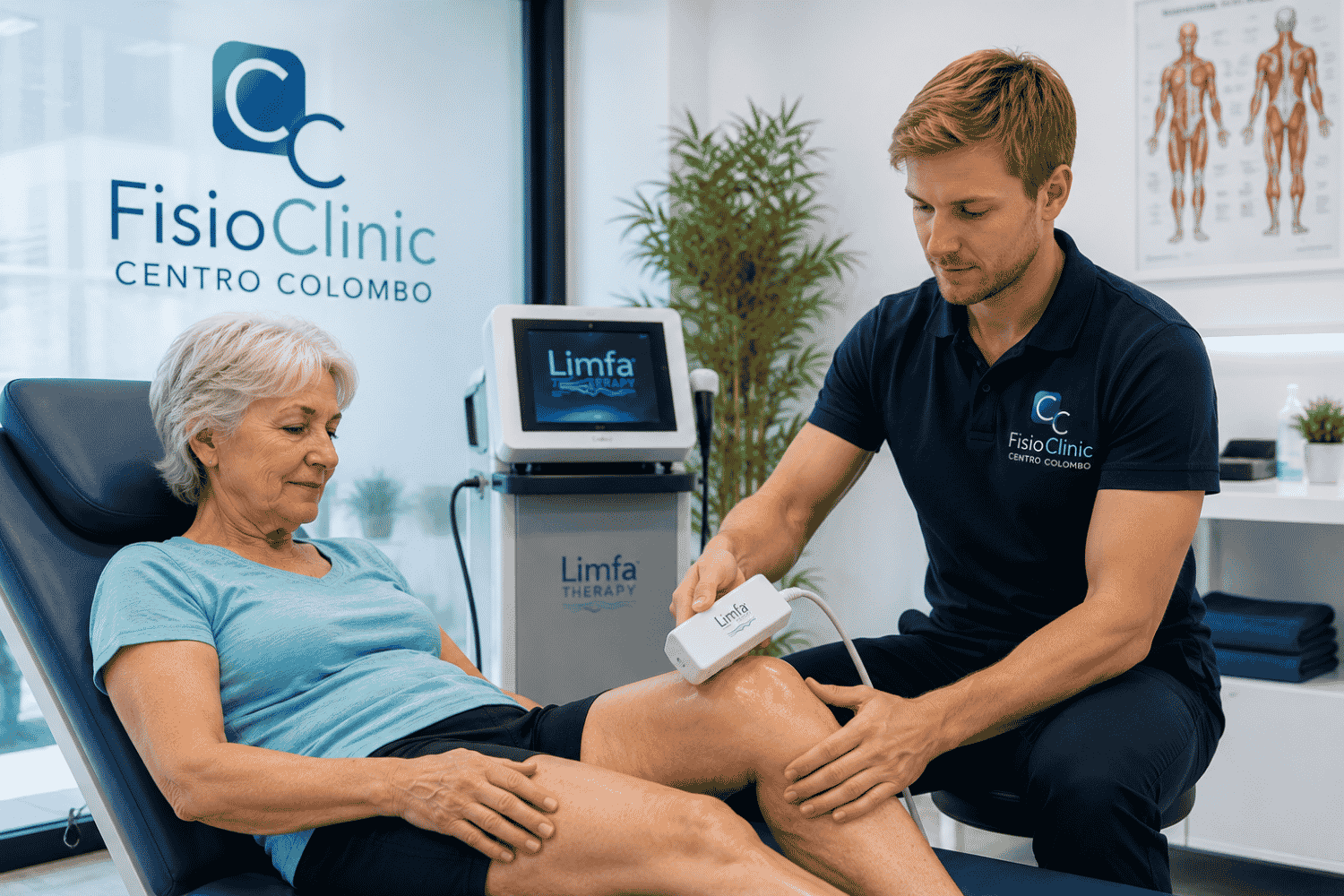 Fisioterapista FisioClinic esegue una seduta di Limfa Therapy per l'artrosi del ginocchio di una paziente anziana a Genova.