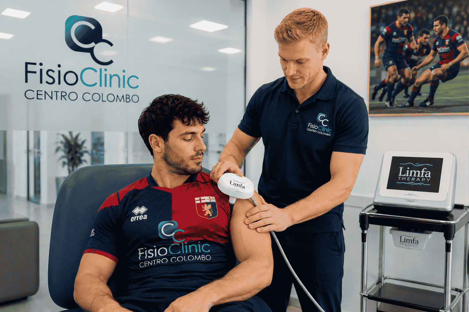 Fisioterapista della FisioClinic Centro Colombo di Genova esegue una seduta di Limfa Therapy sulla spalla dolorante di un rugbista genovese dopo un trauma di gioco, per favorire il recupero funzionale e il ritorno allo sport.