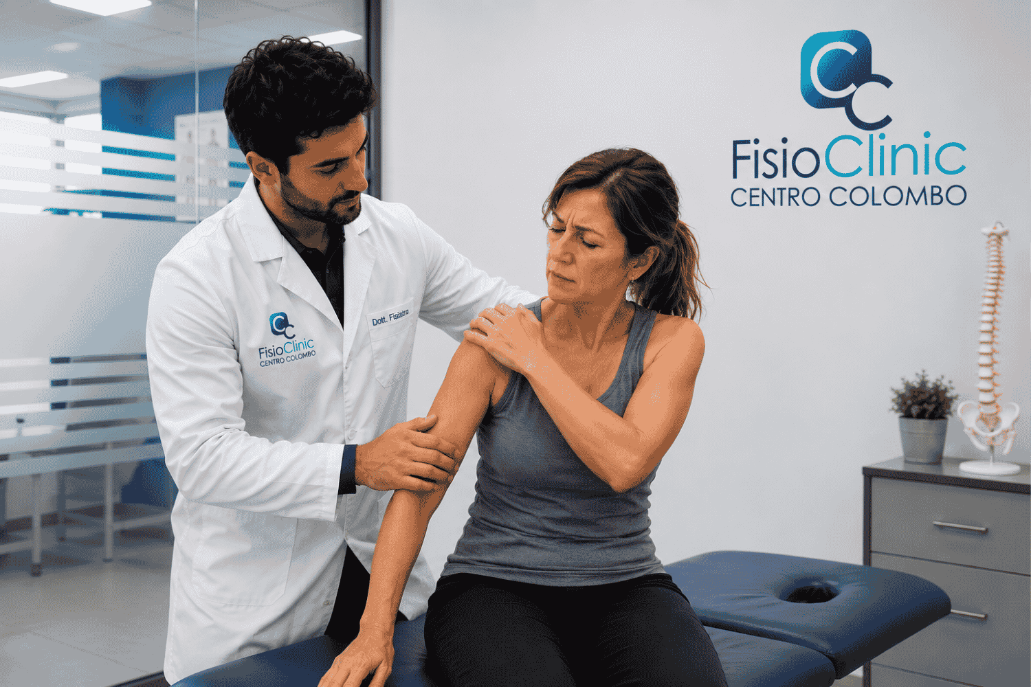 Fisiatra della FisioClinic Centro Colombo di Genova mentre esegue una visita specialistica a una paziente affetta da capsulite adesiva della spalla (spalla congelata) in un moderno ambulatorio medico, con valutazione clinica della mobilità articolare e del dolore.